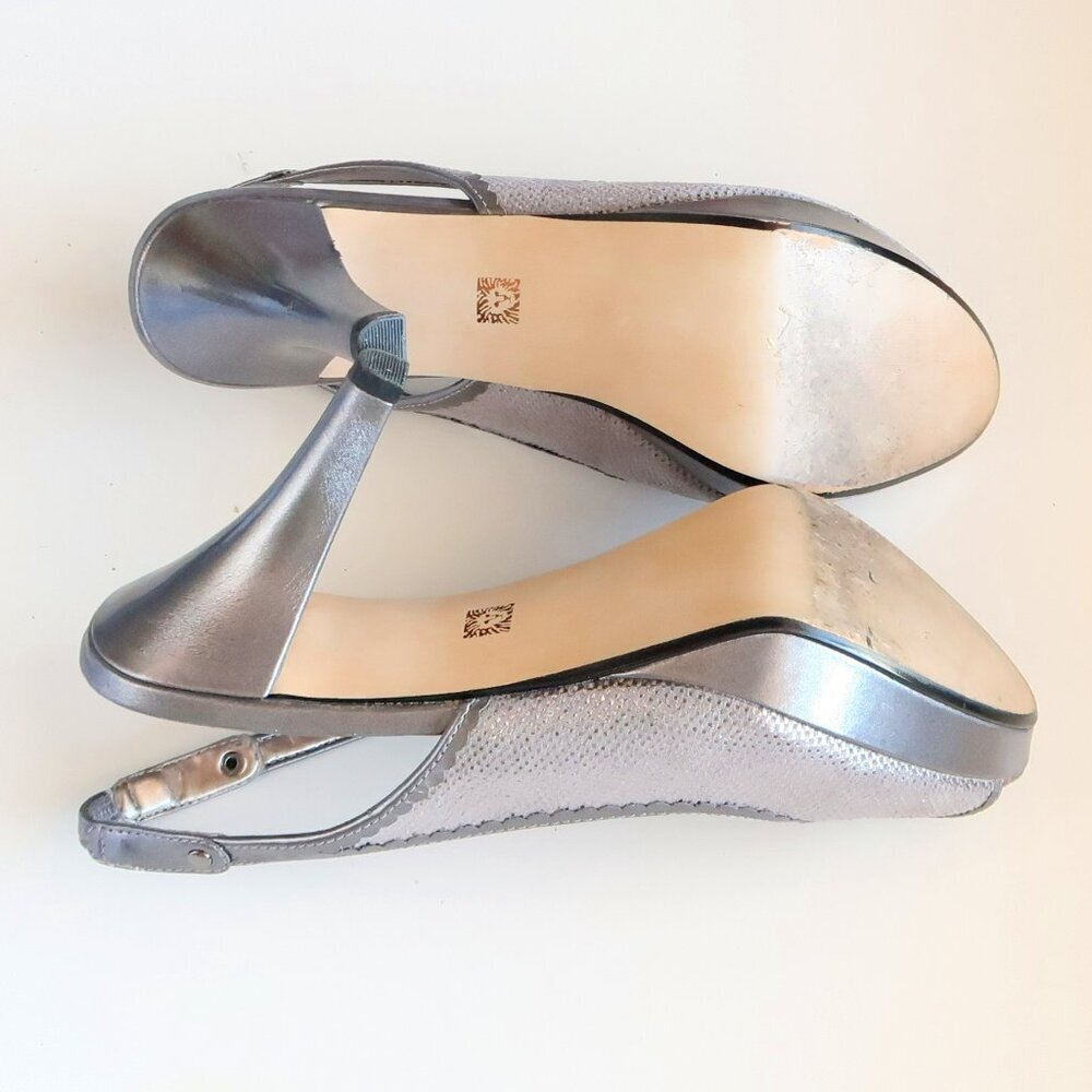 Anne Klein Silver Leather Leather Peep Toe Sling-back Platform Heels Pumps Shoes - Picture 14 of 16